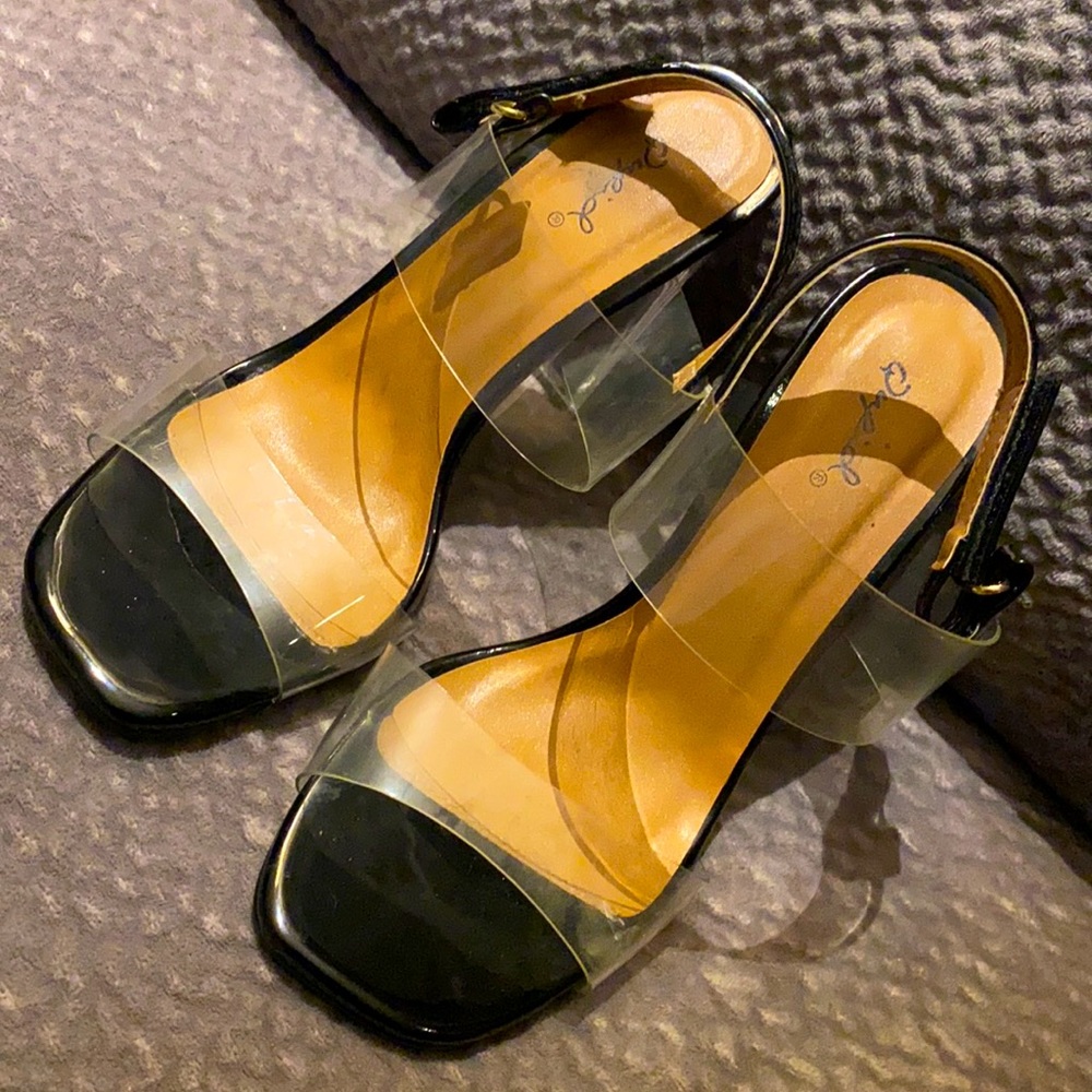 Black patent and clear sandals with Perspex heels